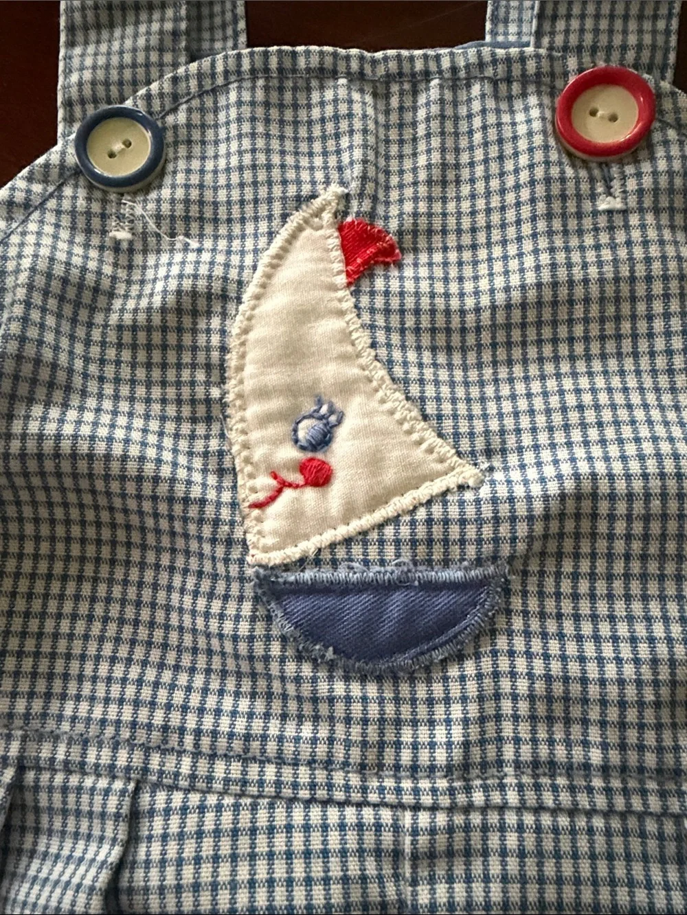 Carter's Blue Gingham Shortalls with Sailboat Patch
